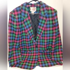 RTW Bright Multicolor Plaid Blazer Sz Sm Jacket Retro Wool Acrylic Polyester